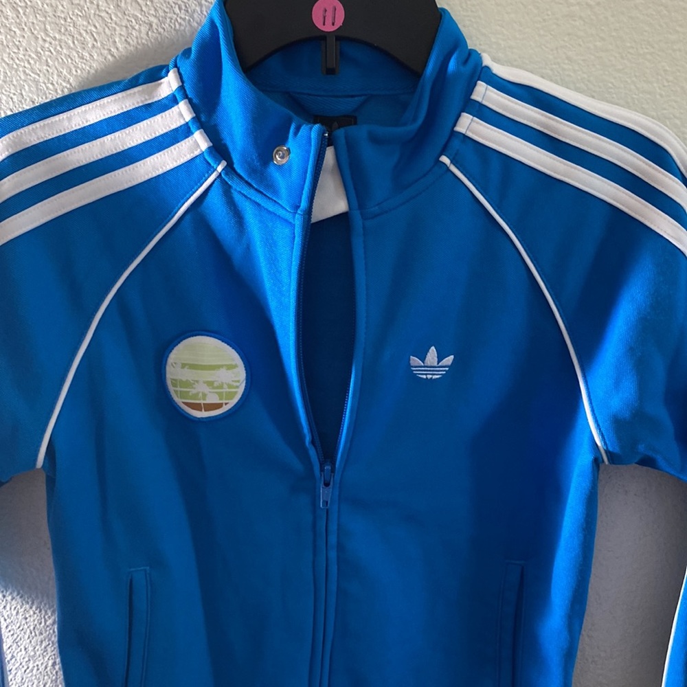 Adidas Sweatshirt Boys Size S Small Full Zip Blue White Logo Pockets - Picture 2 of 12
